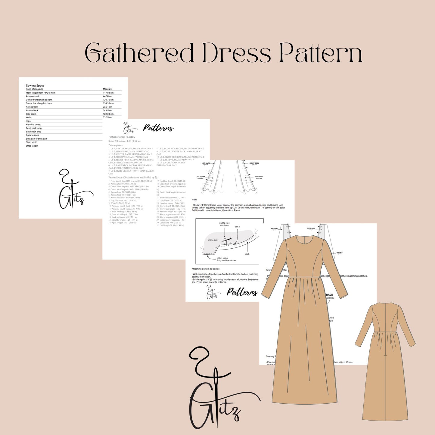 Long Sleeve Gathered Dress Digital Pattern Sewing Pattern Plus Size Pattern for Women