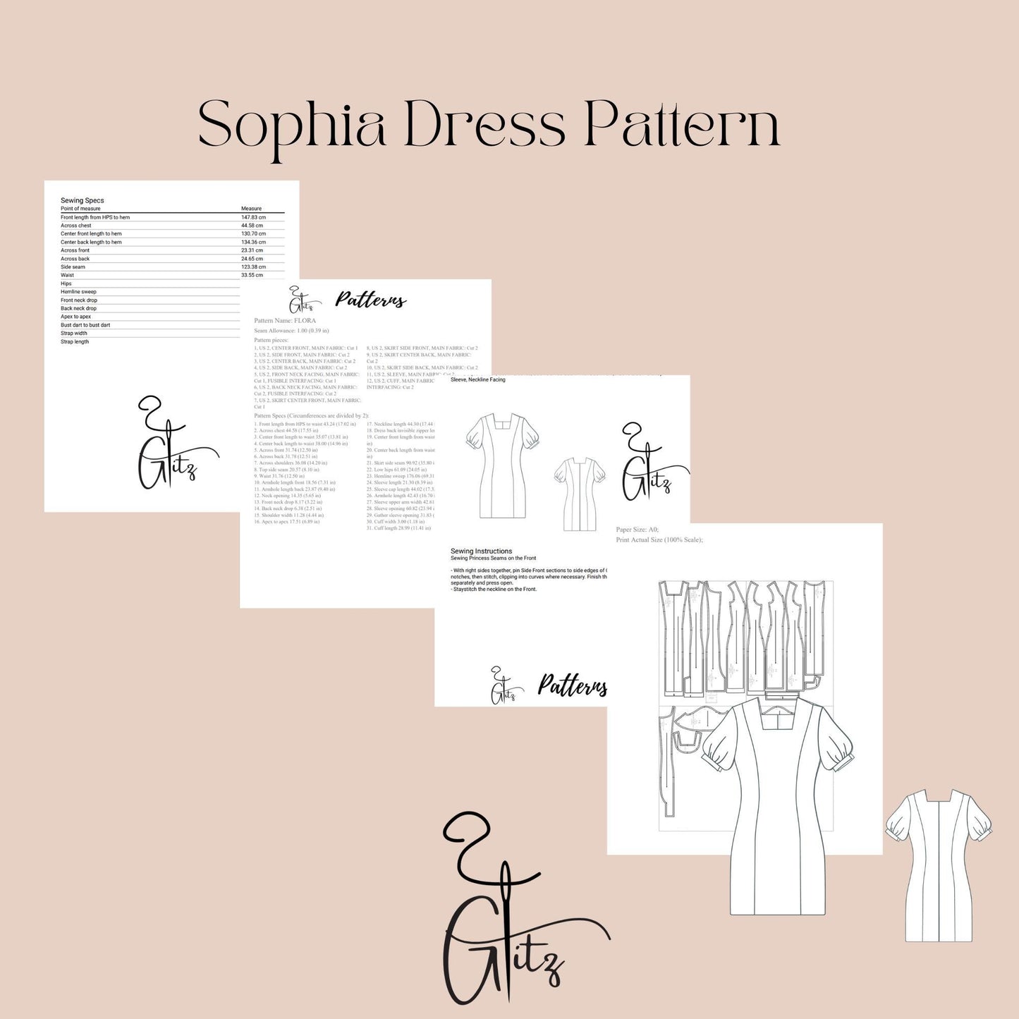 Sophia Puff Sleeve Mini Pencil Dress Sewing Pattern PDF Digital Pattern Easy Sewing Pattern