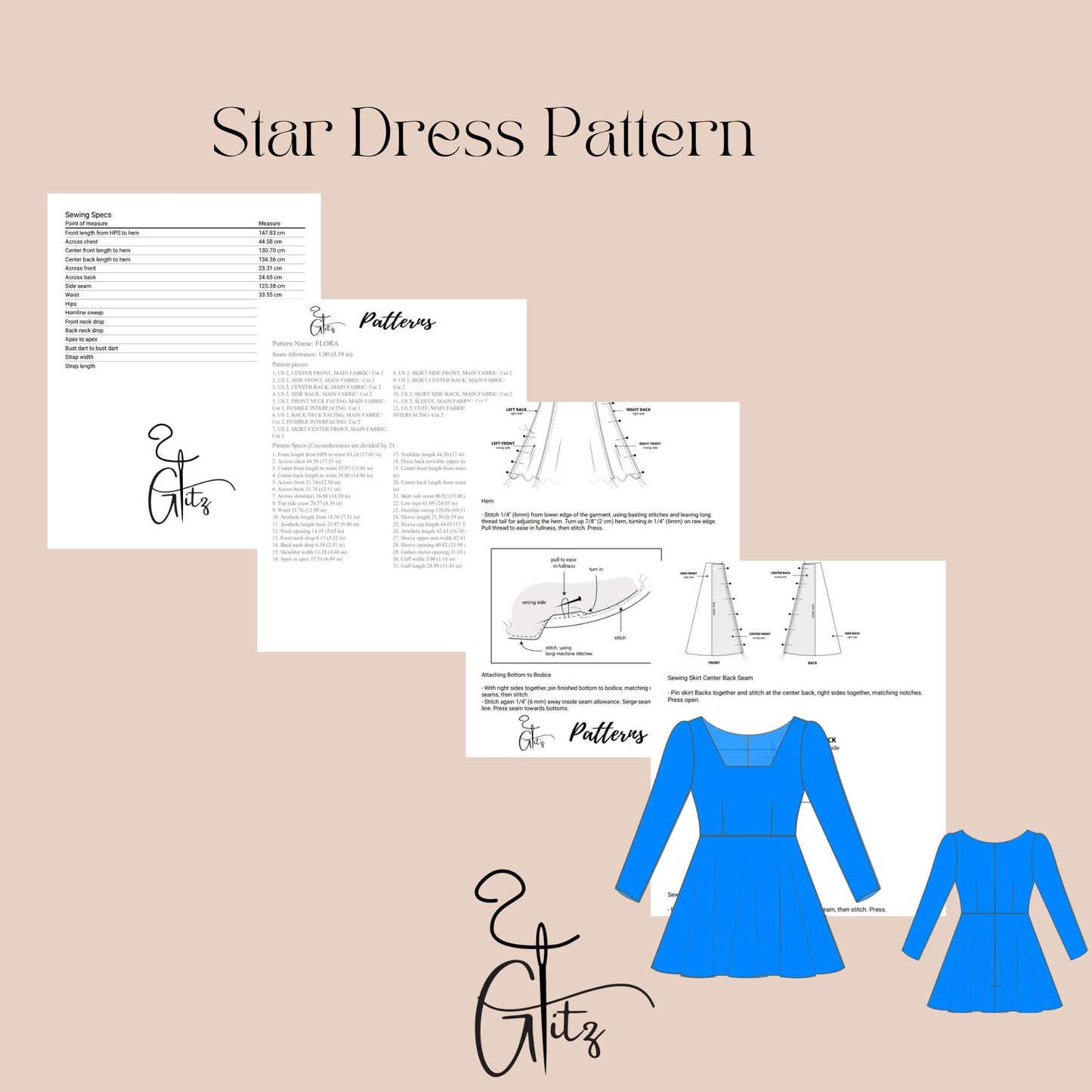 Star Selkie Puff Dress Pattern Long Sleeve Mini Evening Dress Pattern PDF Digital Sewing Pattern