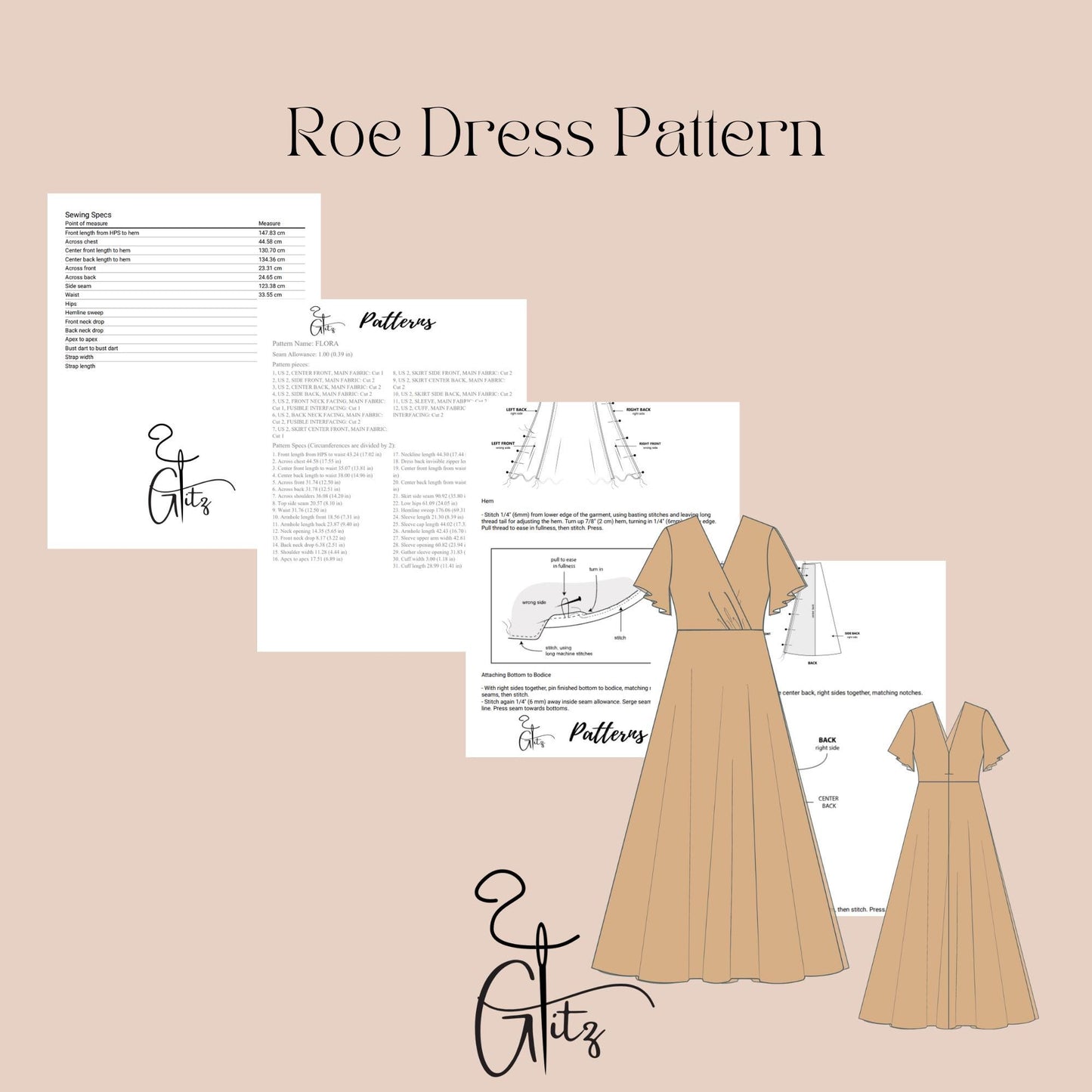Flared Short Sleeve Draped Neck Long Prom Dress Digital Sewing Pattern Long Evening Cocktail Dress Bridesmaid Dress