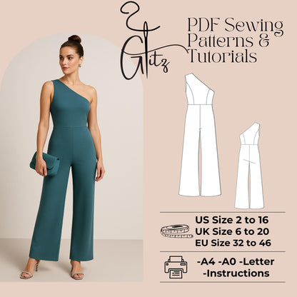 One Shoulder Basic Jumpsuit Sewing Pattern Women Jumpsuit Pattern Summer Jumpsuits Women Rompers Evening Cocktail Jumpsuit