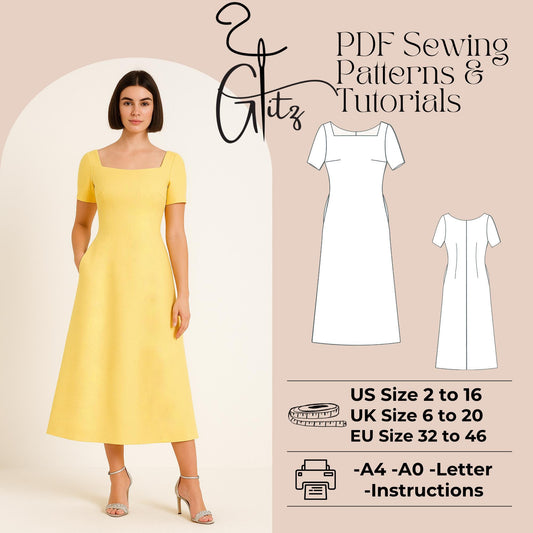 Midi Summer Dress Sewing Pattern Cottagecore Dress Square Neck A Line Midi Dress
