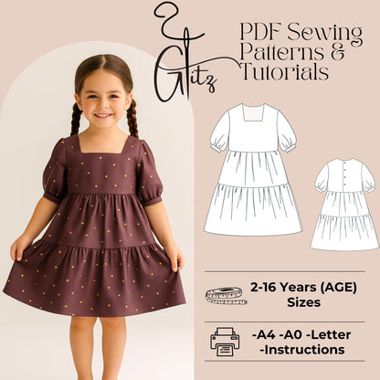 Girls Dress Sewing Pattern Tiered Dress Pattern Girl Prom Dress Puff Sleeve Dress