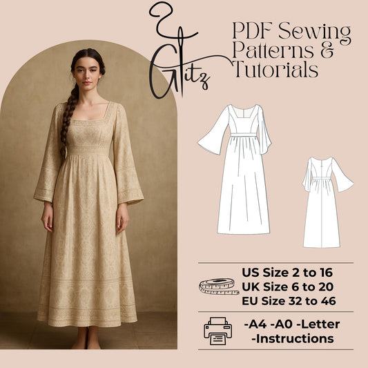 Square Neck Long Sleeve Gathered Linen Dress Sewing Pattern Cottagecore Dress Boho Dress Summer Dresses