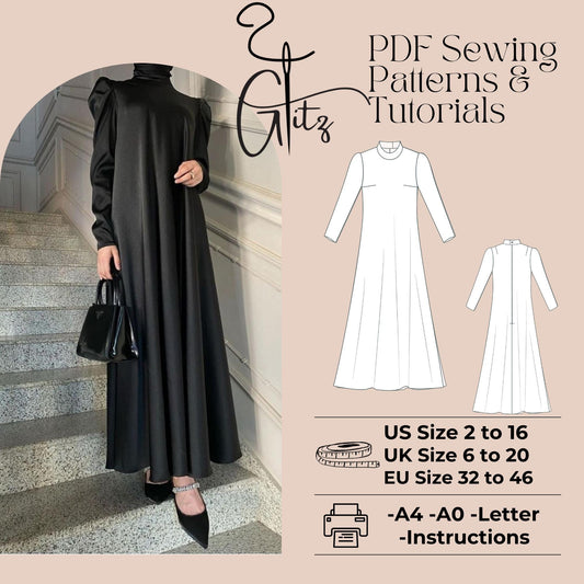Padded Long Sleeve Maxi Evening Dress Sewing Pattern Modest Hijab Dress Abaya Muslim Dress Pattern