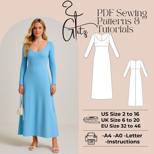 Long Basic Dress Sewing Pattern Strechy Casual Dress Pattern Long Sleeve Wide Collar Neck Dress Pattern Easy Sewing Pattern