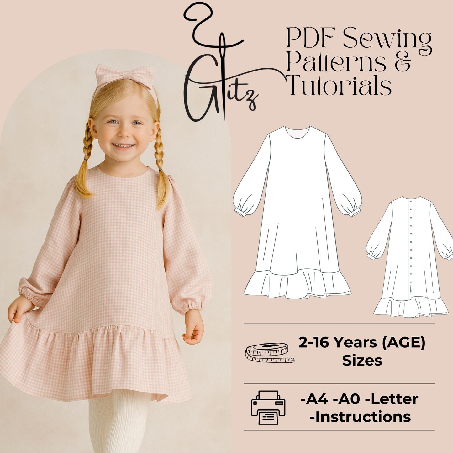 Long Sleeve Dress with Ruffles, Digital Sewing Pattern for Girls, Ruffle Dress Pattern, Toddler dress, Baby Girl Dress Pattern