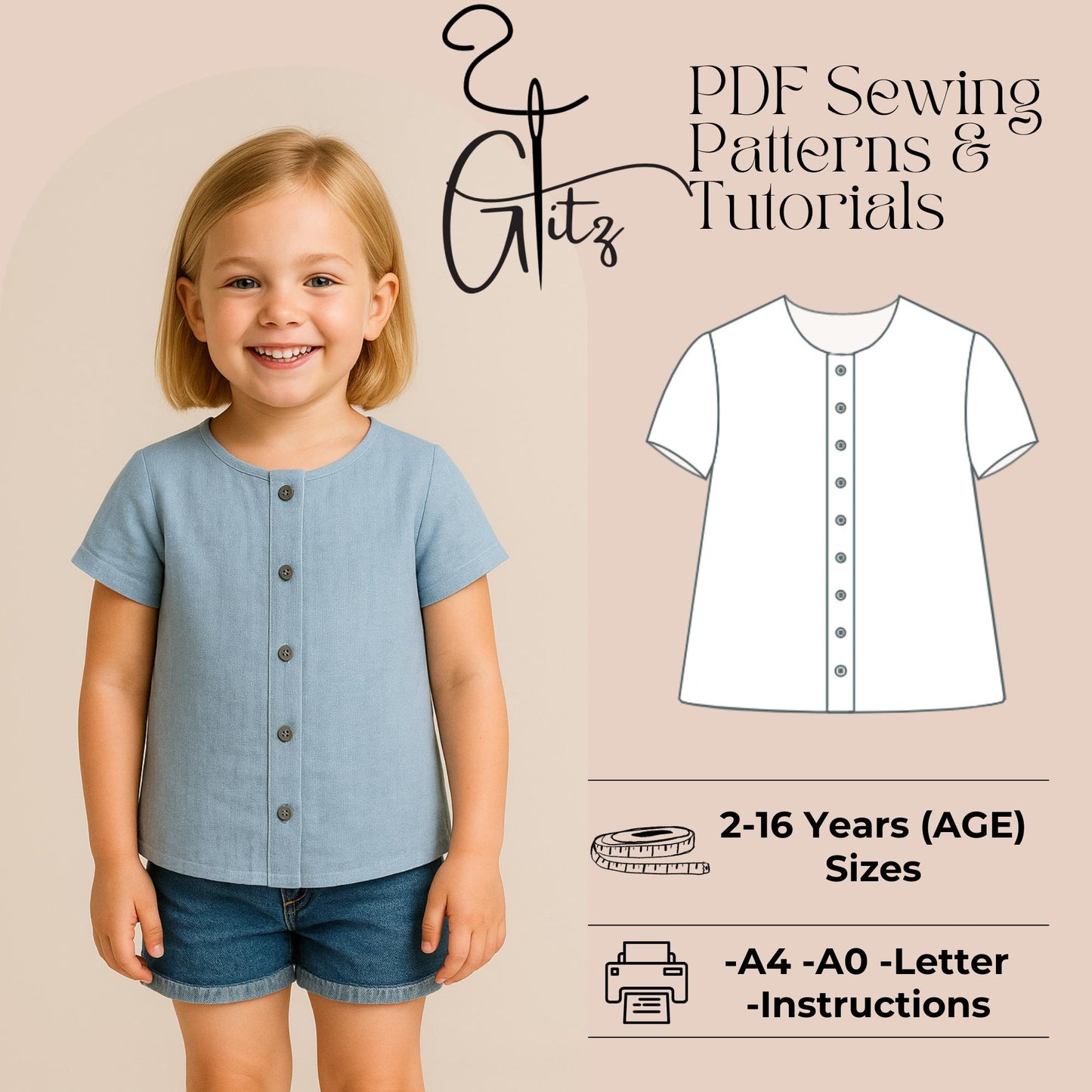 Kids Button Front Top Pattern | Toddler Girls Short Sleeve Blouse Sewing Pattern | Easy Beginner PDF Digital Download