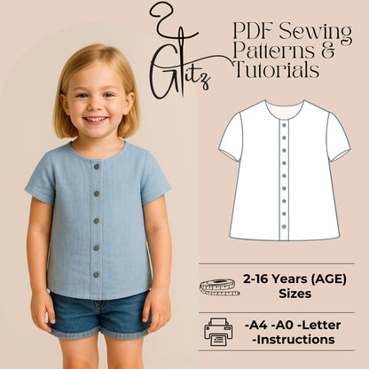 Kids Button Front Top Pattern | Toddler Girls Short Sleeve Blouse Sewing Pattern | Easy Beginner PDF Digital Download