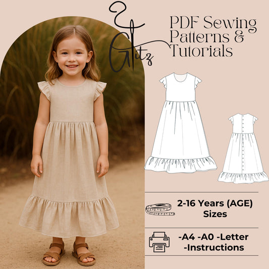 Girl Summer Dress Sewing Pattern Short Flared Sleeve Linen Dress Cottagecore Dress Pattern Flounce Dress