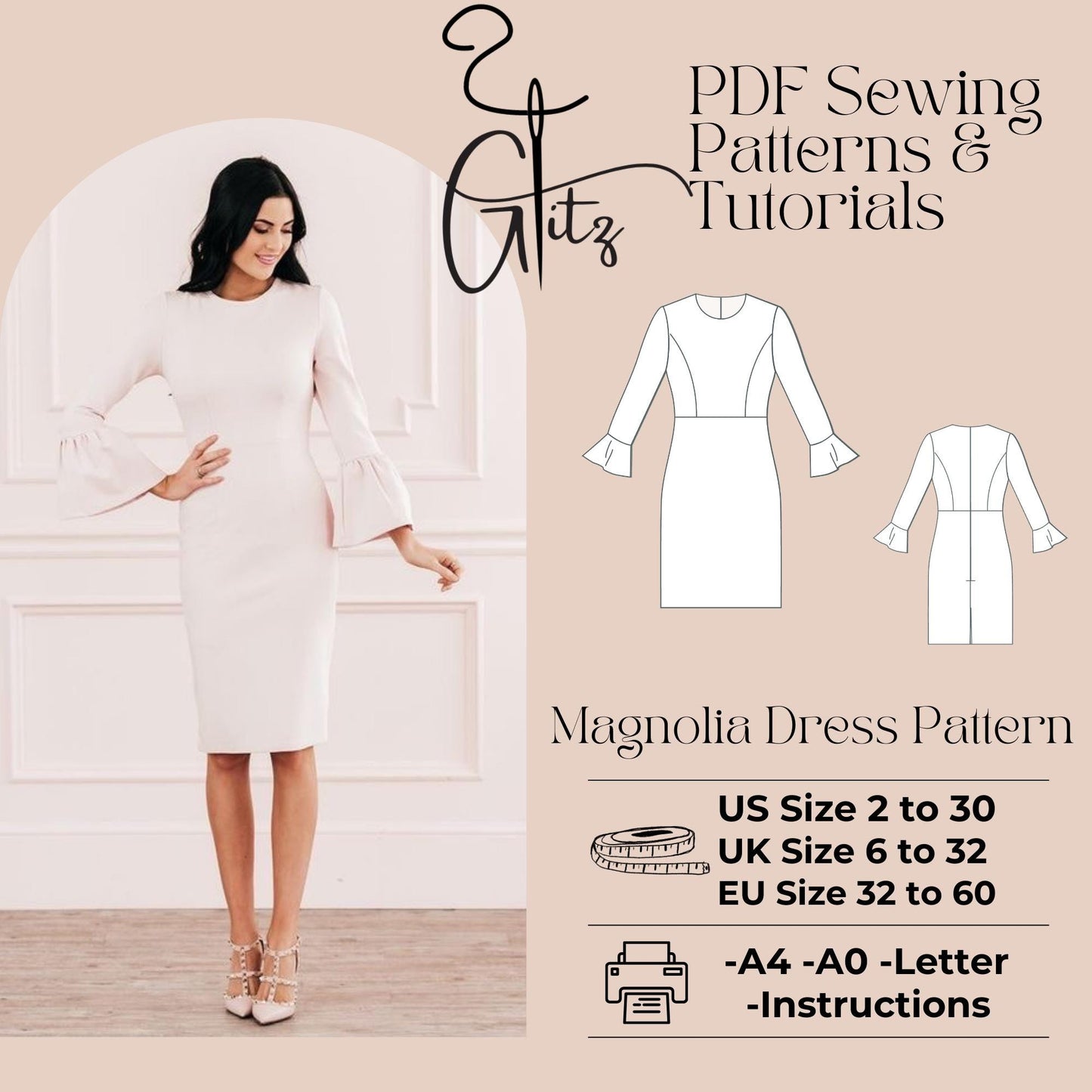 Long Sleeve Pencil Cocktail Dress Digital Sewing Pattern PDF