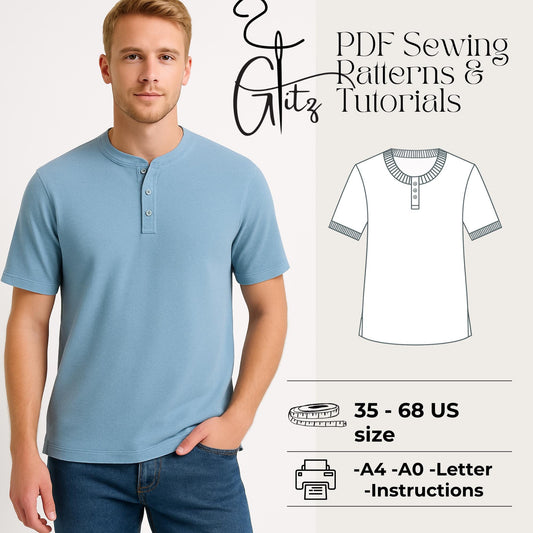Men’s Henley T-Shirt Sewing Pattern | Short Sleeve Knit Shirt | Casual Button Neck Tee PDF | Modern Menswear Pattern