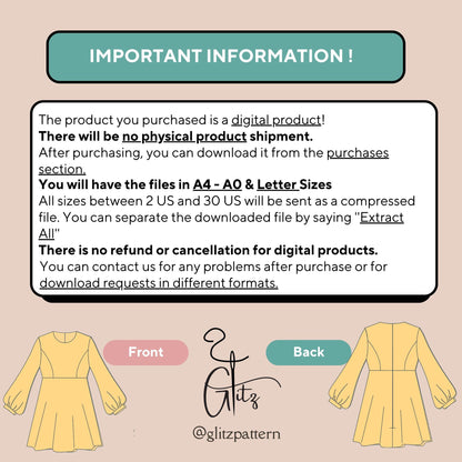 Puff Long Sleeve Mini Dress Sewing Pattern PDF Digital Sewing Pattern Dress for Women Elbow Bishop Sleeve