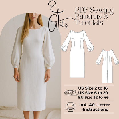 Midi Linen Dress Sewing Pattern Puff Sleeve Pencil Dress Pattern