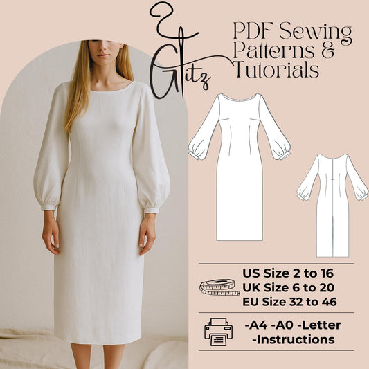 Midi Linen Dress Sewing Pattern Puff Sleeve Pencil Dress Pattern