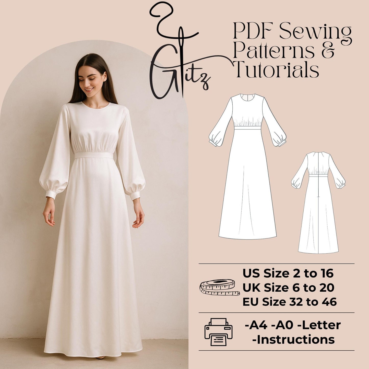 Modest Dress Sewing Pattern Maxi Dress Pattern Long Puff Sleeve Elegant Dress Pattern