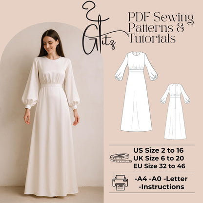 Modest Dress Sewing Pattern Maxi Dress Pattern Long Puff Sleeve Elegant Dress Pattern