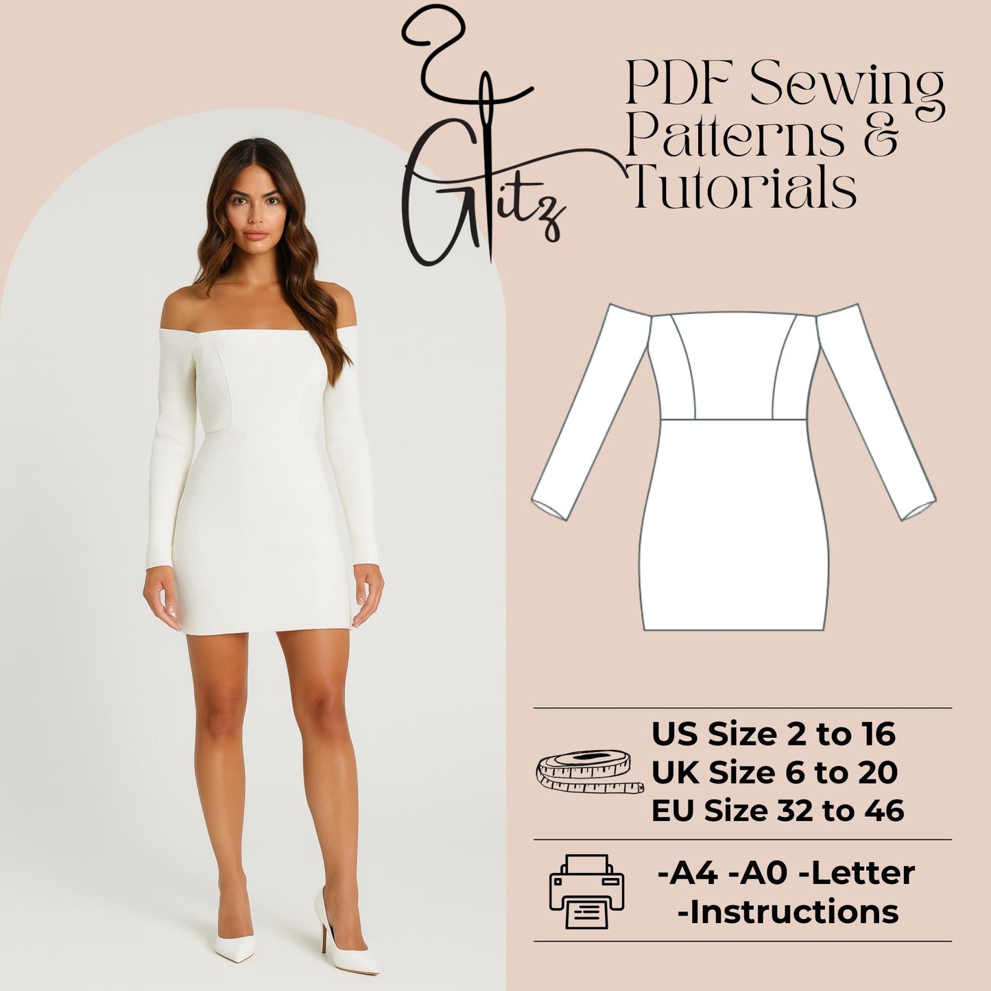 Off Shoulder Mini Casual Dress Sewing Pattern Mini Cocktail Dress Digital PDF Sewing Pattern