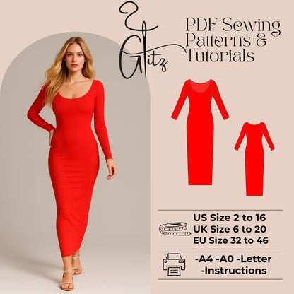 Long Sleeve Maxi Bodycon Dress Sewing Pattern Strech Basic Maxi Dress Digital Pattern PDF