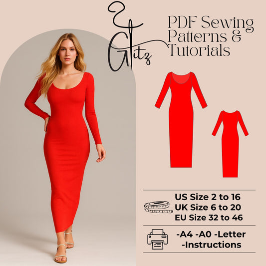 Long Sleeve Maxi Bodycon Dress Sewing Pattern Strech Basic Maxi Dress Digital Pattern PDF