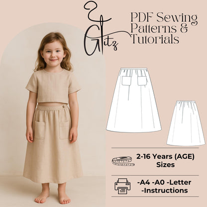 Girls Linen Skirt Sewing Pattern Gathered Skirt with Pockets Kids Summer Skirt Pattern