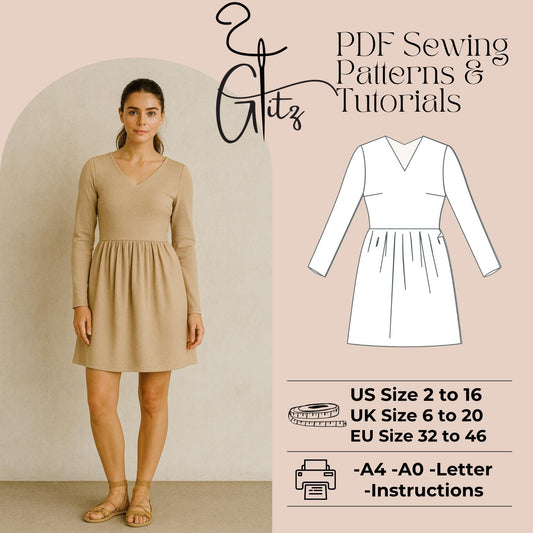 Mini Gathered Dress Sewing Pattern Long Sleeve Cottagecore Dress Pattern Women Dress Pattern