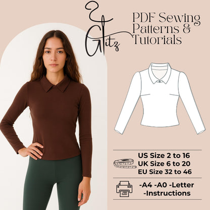 Collared Knit Top Sewing Pattern PDF | Long Sleeve Fitted Womens Top Pattern | Modern Polo Style Stretch Top