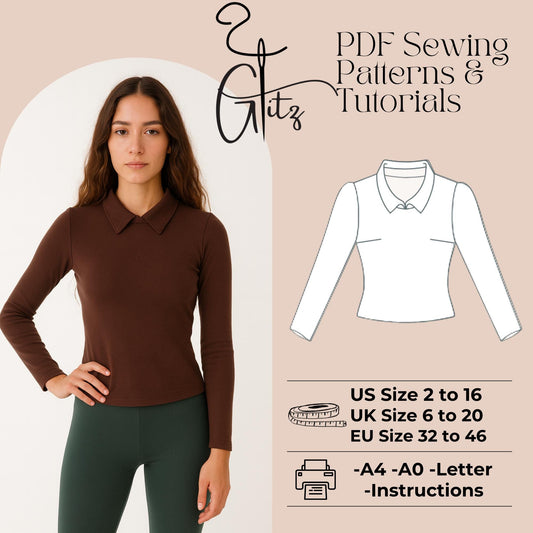 Collared Knit Top Sewing Pattern PDF | Long Sleeve Fitted Womens Top Pattern | Modern Polo Style Stretch Top