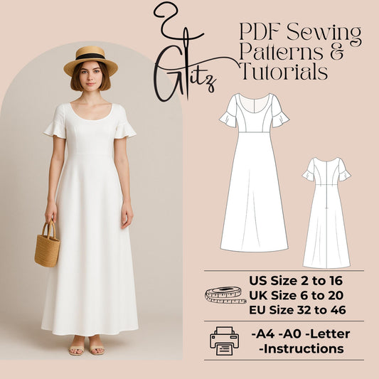 Short Flared Sleeve Long A Line Boho Dress Sewing Pattern Summer Dresses Cottagecore Dress Pattern PDF