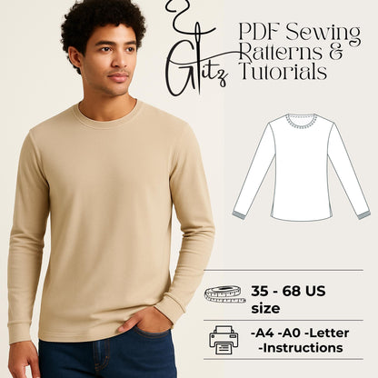 Men’s Long Sleeve T-Shirt Sewing Pattern | Classic Crew Neck Knit Top | Basic Menswear PDF Pattern | Casual Everyday Shirt