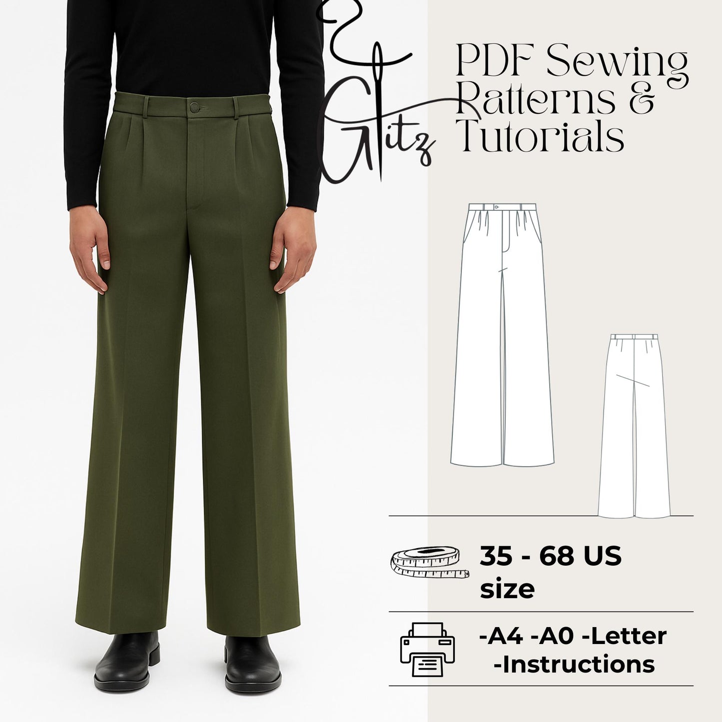 Men’s Wide Leg Pants Sewing Pattern | Pleated Trousers PDF | Relaxed Fit Mens Pants Pattern Digital Download