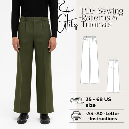 Men’s Wide Leg Pants Sewing Pattern | Pleated Trousers PDF | Relaxed Fit Mens Pants Pattern Digital Download