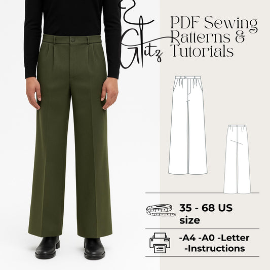 Men’s Wide Leg Pants Sewing Pattern | Pleated Trousers PDF | Relaxed Fit Mens Pants Pattern Digital Download
