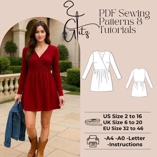 Mini Dress Sewing Pattern Surplice Neck Dress Pattern Gathered Skirt pattern