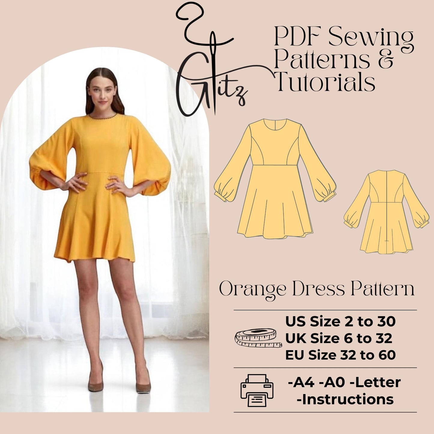 Puff Long Sleeve Mini Dress Sewing Pattern PDF Digital Sewing Pattern Dress for Women Elbow Bishop Sleeve
