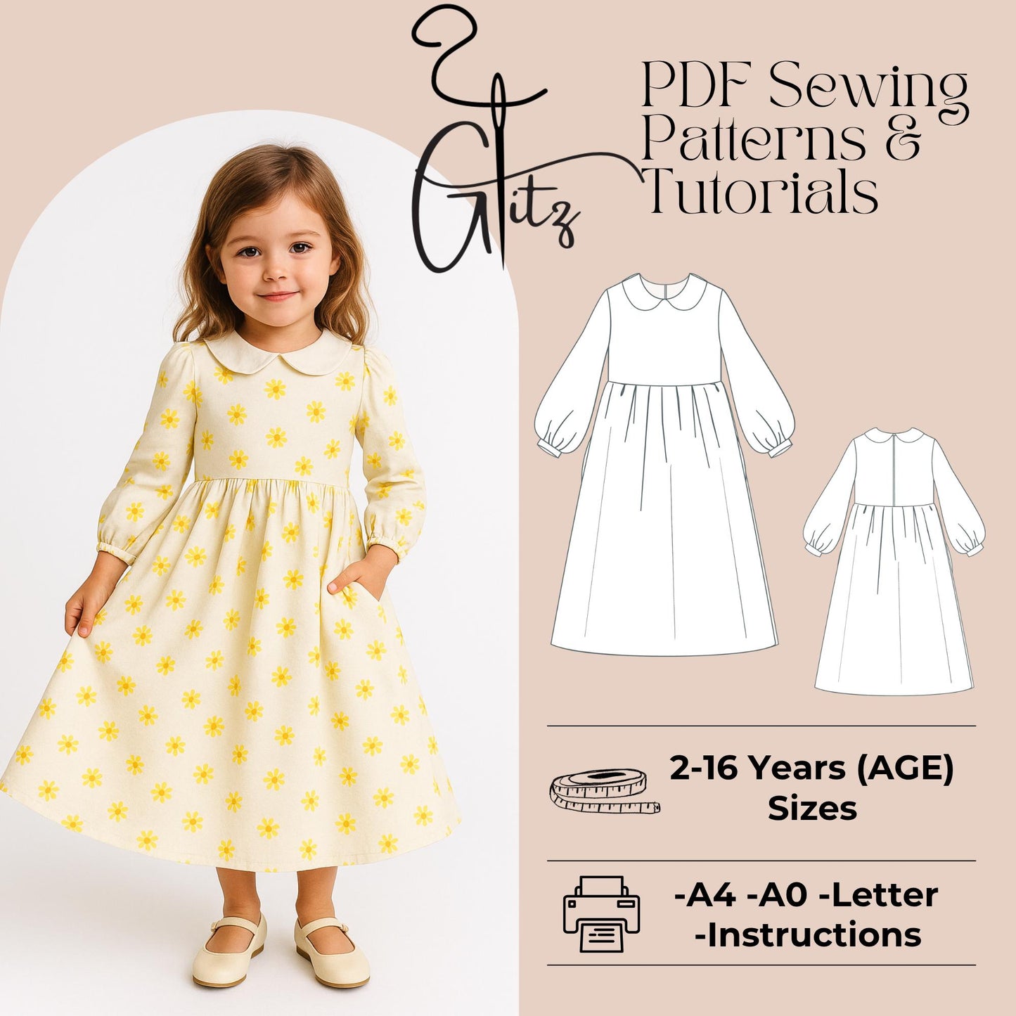 Kids Gathered Summer Dress Sewing Pattern Puff Sleeve Girl Dress Peter Pan Collar Dress 2-16 Y