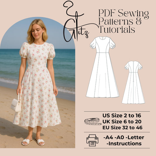 Flora Puff Sleeve Midi Dress Sewing Pattern Fairy Cottagecore Dress Sewing Pattern A0-A4-US Letter Digital PDF Sewing Pattern