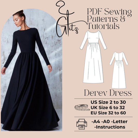 Derev Boat Neck Long Dress Sewing Pattern Long Bridesmaid Dress Cottagecore Dress Maxi Evening Dress