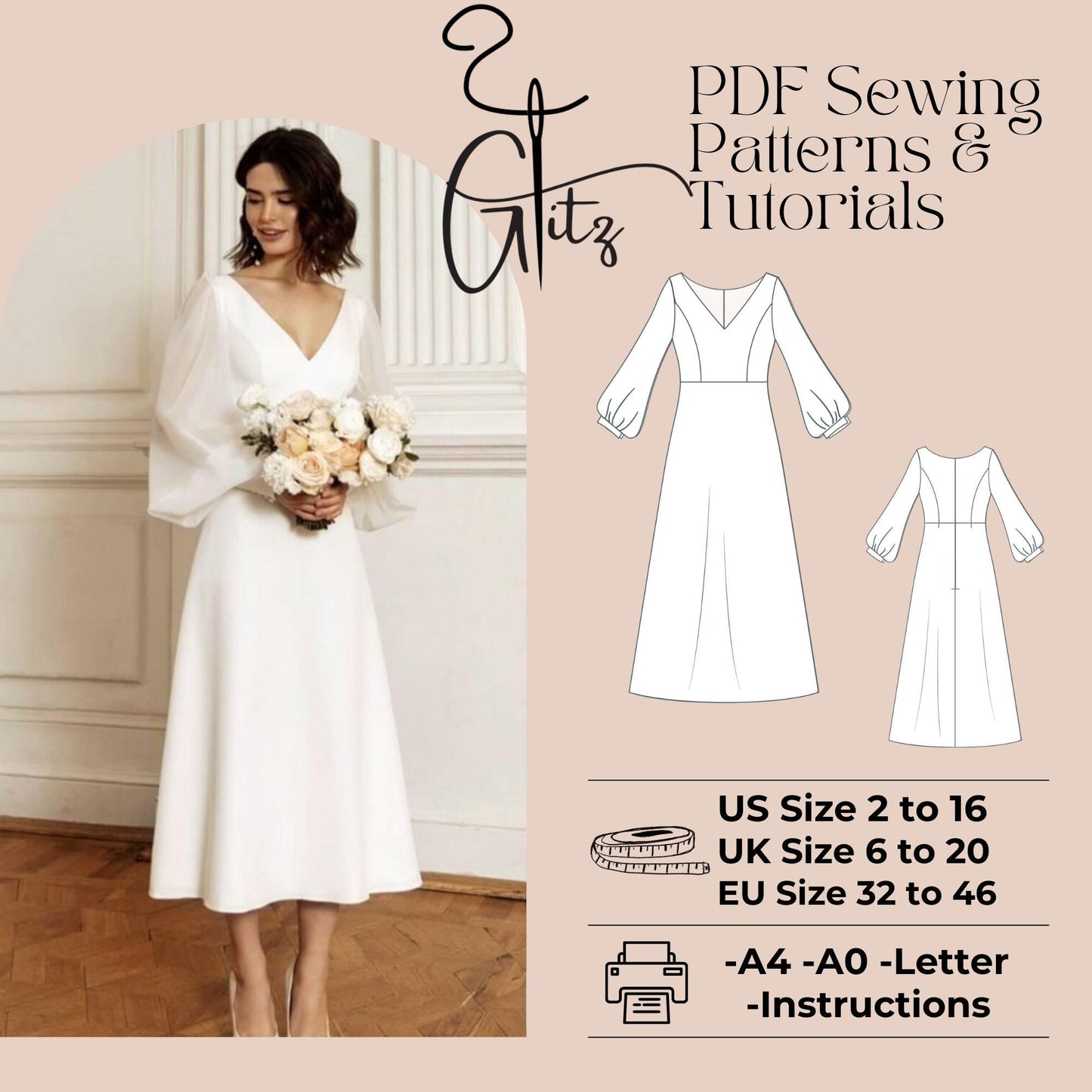 Long Puff Sleeve Deep V Neck Midi Bridesmaid Dress Minimalist Bridal Gown Prom Dress Digital Sewing Pattern PDF