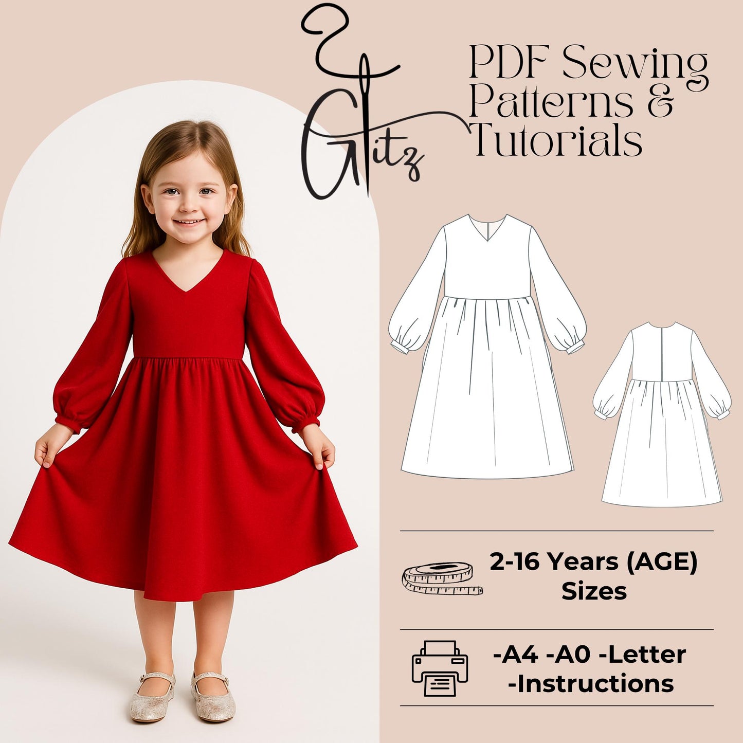 Kids Dress Sewing Pattern Baby Girl Dress Gathered Dress Long Sleeve Evening Dress Pattern