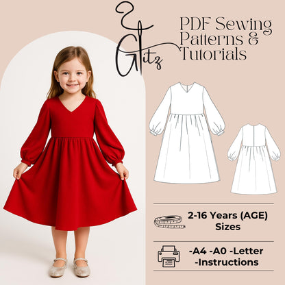 Kids Dress Sewing Pattern Baby Girl Dress Gathered Dress Long Sleeve Evening Dress Pattern