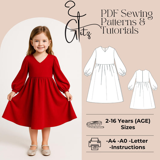 Kids Dress Sewing Pattern Baby Girl Dress Gathered Dress Long Sleeve Evening Dress Pattern