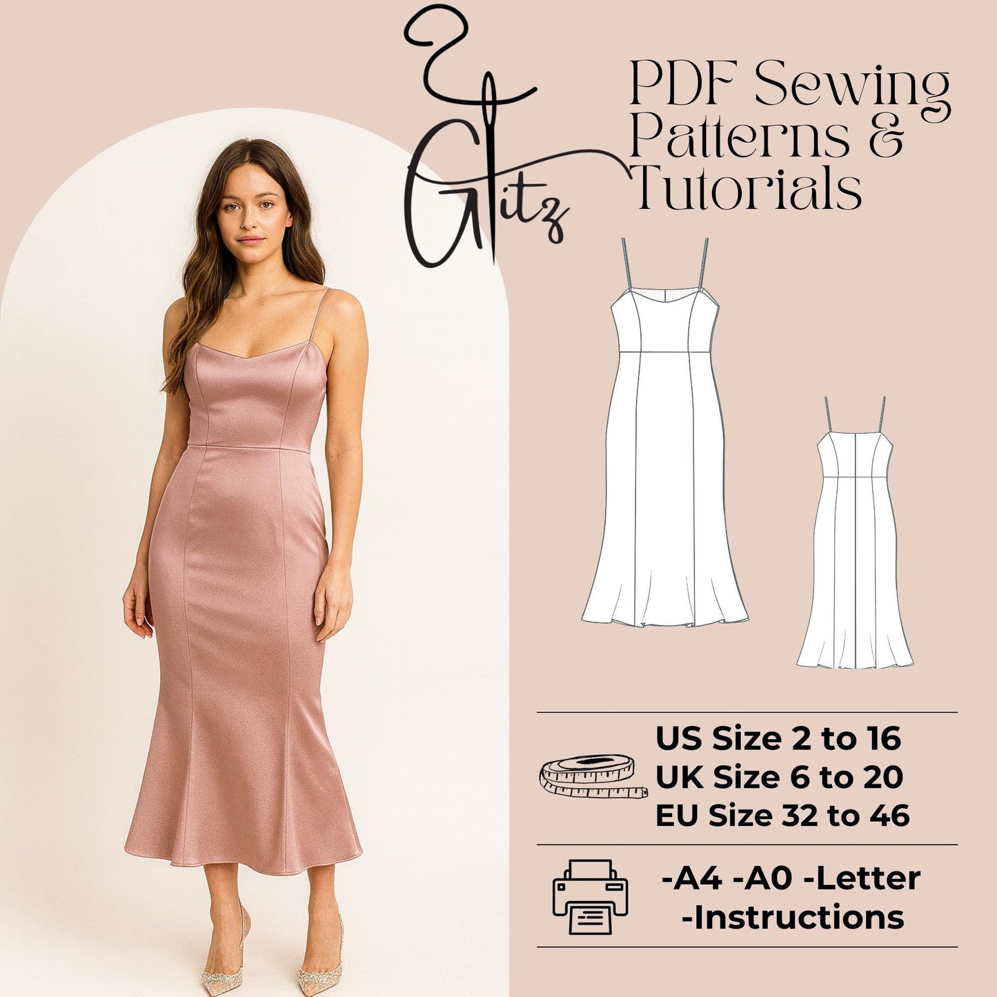 Midi Evening Dress Sewing Pattern Midi Mermaid Satin Cocktail Dress Pattern