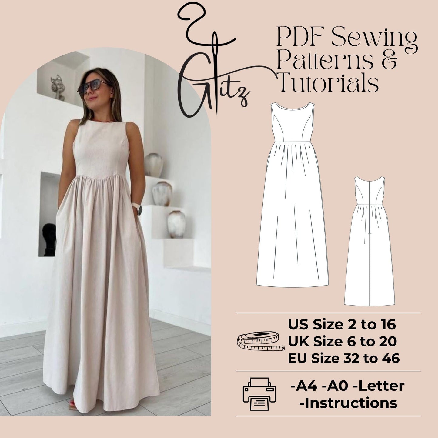 Boat Neck Sleeveless Gathered Dress Sewing Pattern Maxi Linen Summer Dress Boho Dress Digital Sewing Pattern
