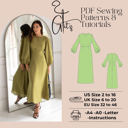A Line Evening Dress Sewing Pattern Cocktail Dress Pattern Long Sleeve Dress