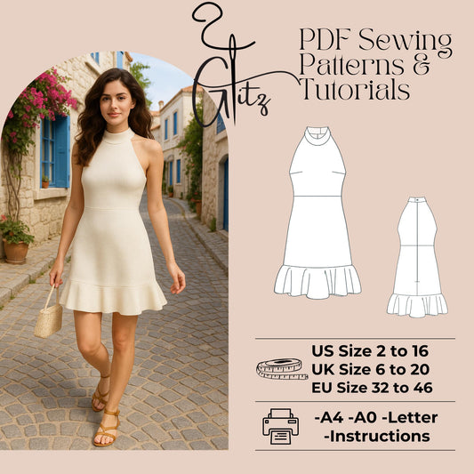 Halter Neck Summer Mini Dress Sewing Pattern Flounce Dress Pattern Women Dress Pattern