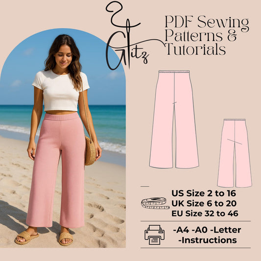 Summer Linen Palazzo Capri Cropped Wide Leg Elastic Waist Pants Digital Sewing Pattern PDF