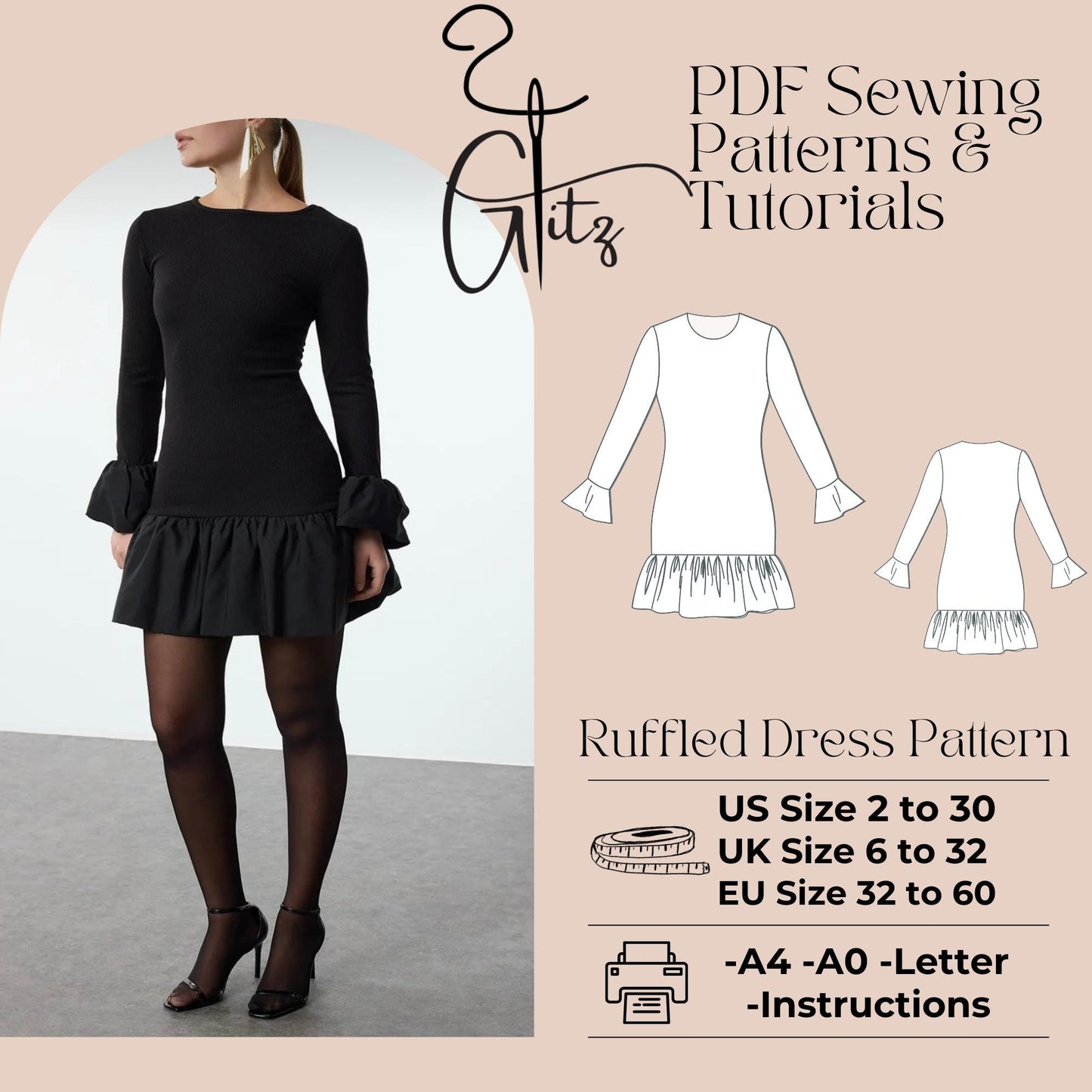 Mini Ruffled Skirt - Long Sleeve Basic Dress Sewing Pattern Digital PDF Pattern US 2 - 30 Size