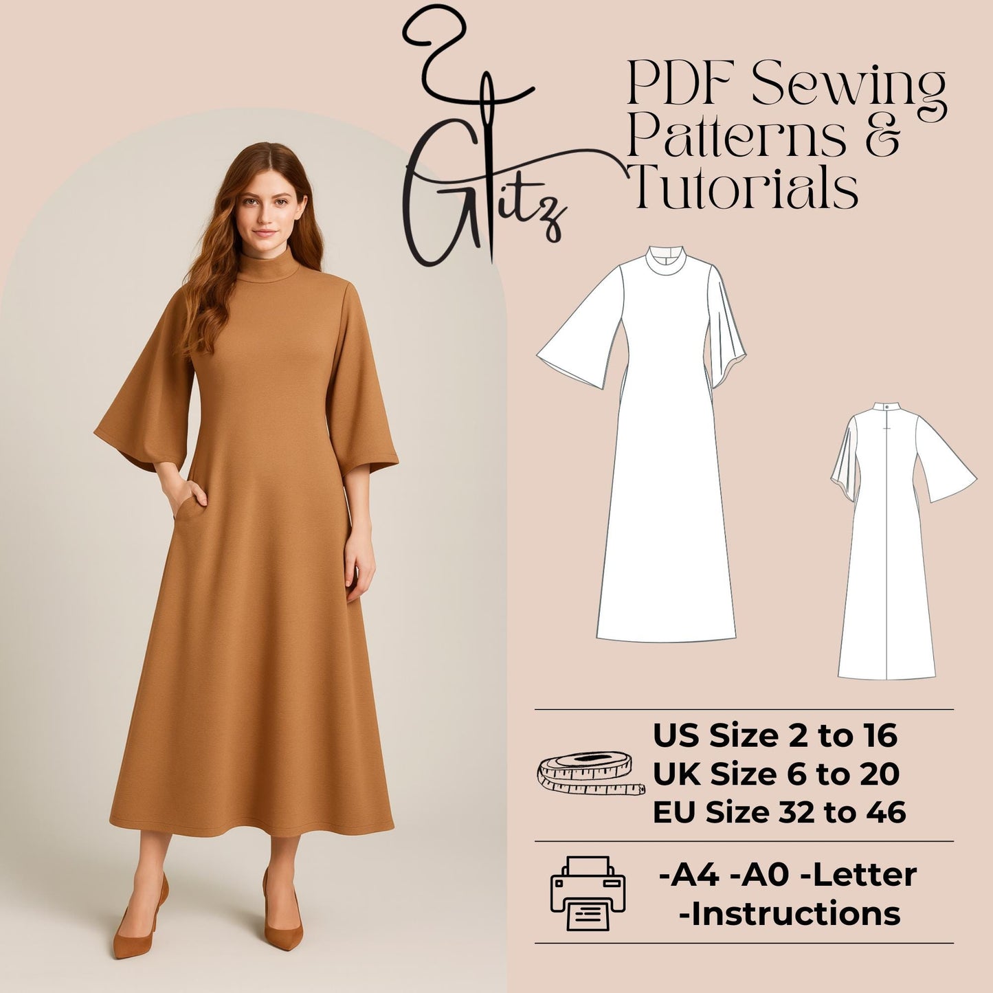 Flared Sleeve Long A Line Dress Sewing Pattern Easy Sewing Pattern Modest Dress Pattern