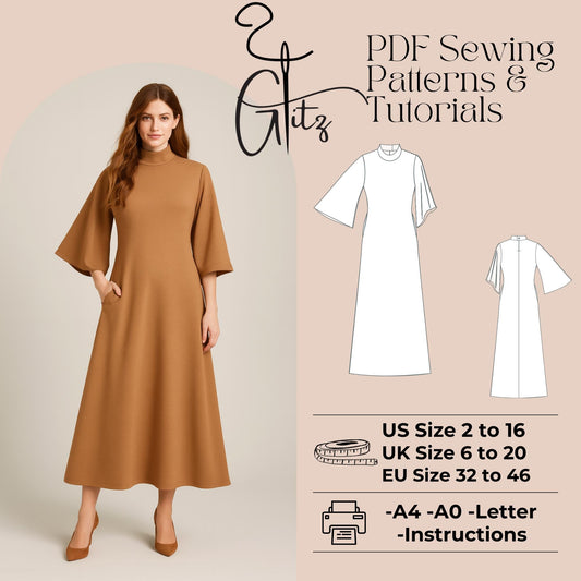 Flared Sleeve Long A Line Dress Sewing Pattern Easy Sewing Pattern Modest Dress Pattern